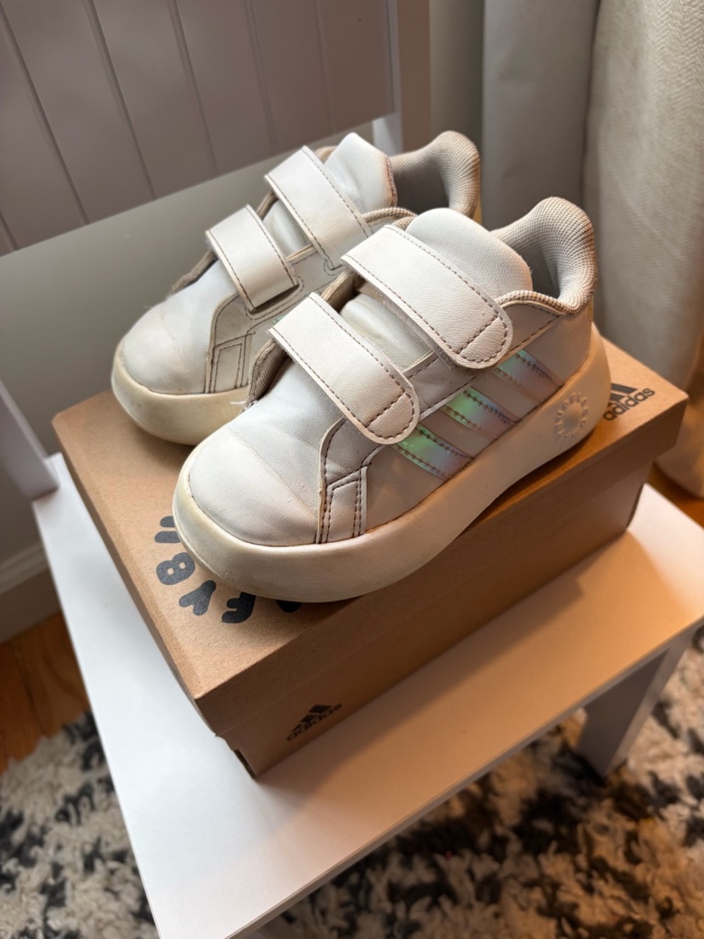 ADIDAS toddler girl sneakers in box size 7. Stripes are a cute shimmery white.